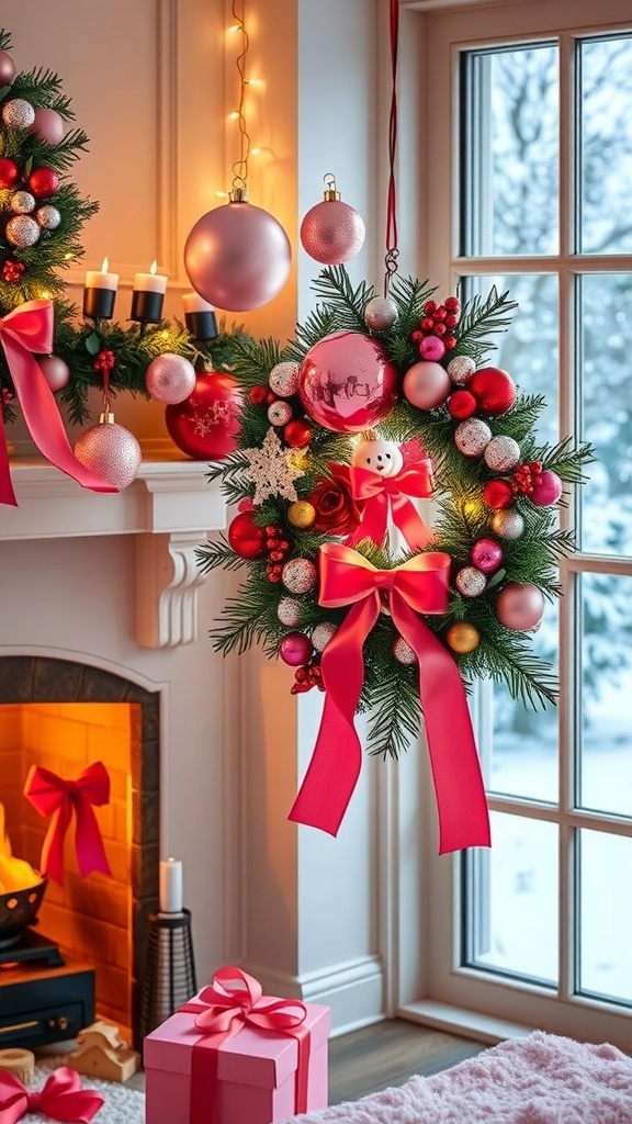 A cozy Christmas scene with pink and red decorations, a fireplace, and snow outside.